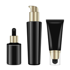 Realistic cosmetic black bottles with gold caps. Vector containers and tubes for cream, lotion, gel, balsam, foundation cream. 3d Illustration