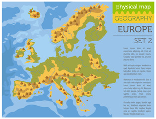 Flat Europe physical map constructor elements on the water surface. Build your own geography infographics collection