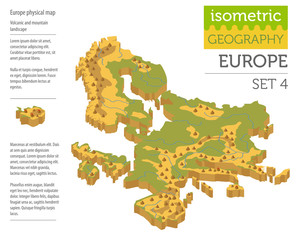 Isometric 3d Europe physical map constructor elements isolated on white. Build your own geography infographics collection