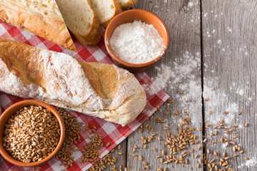 Bread background with copy space on rustic wood