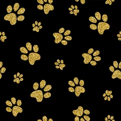 Wall murals Dogs Gold dog paw seamless pattern golden glitter art