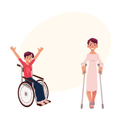 Young man sitting in wheelchair, raising hands in happiness, patient walking with crunches rehabilitation concept, cartoon vector illustration i with space for text.