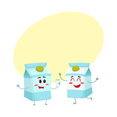 Two funny carton box character, one offering glass of milk to another, cartoon vector illustration with space for text. Cute, funny, happy milk carton box characters, dairy products