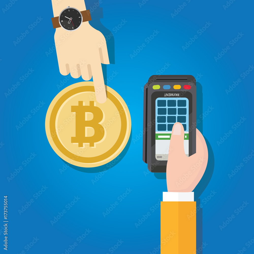 Poster bitcoin transaction payment method hand holding machine terminal