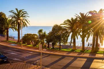 Fototapeta na wymiar Road on coastline in Nice, Cote d'Azur, French Riviera, France