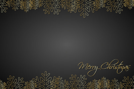 Christmas black background lined golden snowflakes, simple holiday card, Merry Christmas