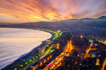 Night aerial view of Nice, Cote d'Azur, French Riviera, France