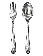 fork and spoon sketch vector. hand drawing isolated