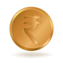 Realistic golden coin with Rupee sign. Symbol of Indian monetary unit. Stock vector illustration