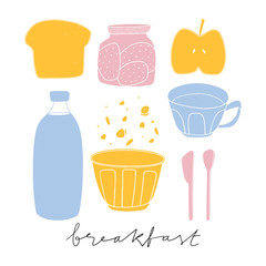 Stylized hand drawn breakfast set. Kitchen vector illustration 