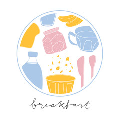 Stylized hand drawn breakfast badge with morning meals. Kitchen illustration cropped with clipping mask. Circle food illustration 