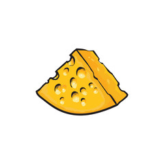Chunk, triangular piece of Swiss, Emmental cheese, sketch style vector illustration on white background. Realistic hand drawing of big chunk of Swiss cheese