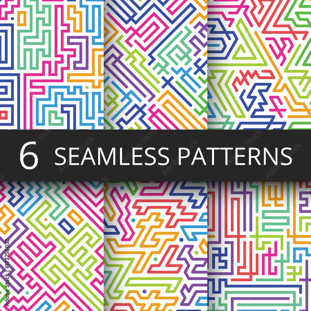 Poster modern geometric seamless vector patterns with color line shapes. retro technology abstract repeatin