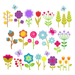 Obraz premium Summer flowers isolated vector collection. Cute floral elements for retro 70s design