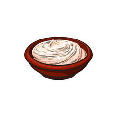 Vector sketch cartoon sour cream in ceramic brown pot or plate. Isolated illustration on a white background. Healthy food dairy products, natural dieting concept