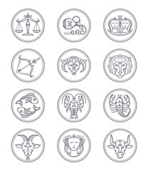 Zodiac vector astrology vector line icons. Aries and taurus, gemini and cancer, leo and virgo, libra and scorpio, sagittarius and capricorn, aquarius and pisces signs