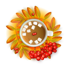 Cup of coffee with marshmallow with realistic 3d mesh rowan branches with ashberry on a orange background. Vector illustration