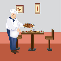 Cakes. The chef smiles. Cute chef carries fresh pastries cakes biscuits and cookies on a tray. Pretty chef smiling in uniform. Vector for a menu, presentation or advertising of cafes and restaurants.