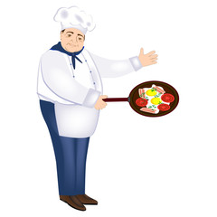 The chef smiles. The chef cooked fried eggs with bacon, tomatoes and herbs. Vector illustration for a menu, presentation or advertising of cafes and restaurants.