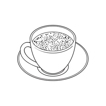 Black and white contour drawing, vector sketch cartoon hand drawn cup on a plate side view. Isolated illustration on a white background. Traditional tea symbol