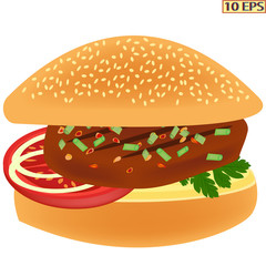 Sandwich. Fried meat cutlet in a bun. Burger with butter, greens, cheese, tomatoes and beef steak. Fast food. Vector illustration for a recipe, restaurant menu, kitchen interior