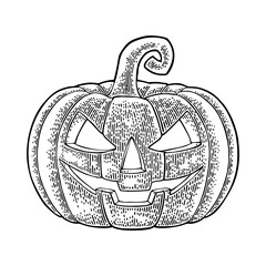 Halloween pumpkin with scary face. Vector vintage engraving illustration.