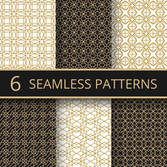 Trendy gold geometric seamless vector patterns with simple golden line shapes
