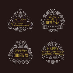 Christmas holiday decorative vector emblems with winter festive xmas line icons and greeting text