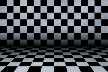 Black And White Checker floor Grunge Room. Checker floor lead into dark empty space