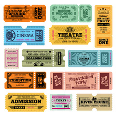 Circus, party and cinema vector vintage admission tickets templates - obrazy, fototapety, plakaty