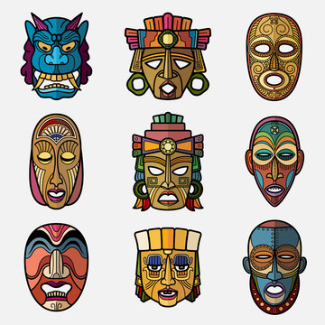 African craft voodoo tribal mask and inca south american culture totem symbols vector set