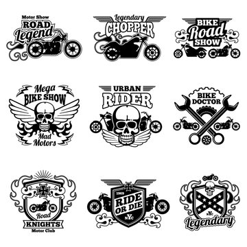 Motorbike club vintage vector patches. Motorcycle racing labels and emblems