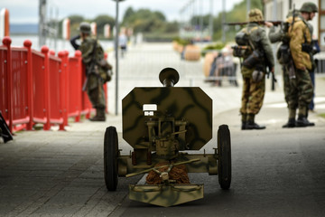 Gryfino, Poland, 23 september 2017: Historical reconstruction of the battle at Arnhem, gun in the...