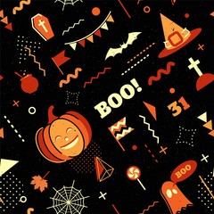 Happy halloween abstract background in 80s memphis style. Seamless memphis pattern for posers and cards with holiday symbols. Vector illustration