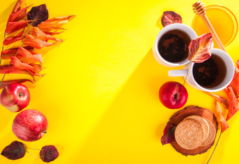 Hot tea with apples and honey on a tray. Autumn harvest