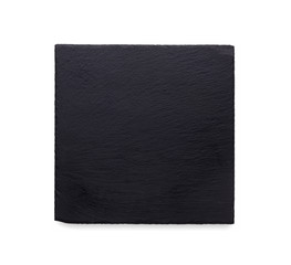 Empty rustic black slate stone plate isolated on white background
