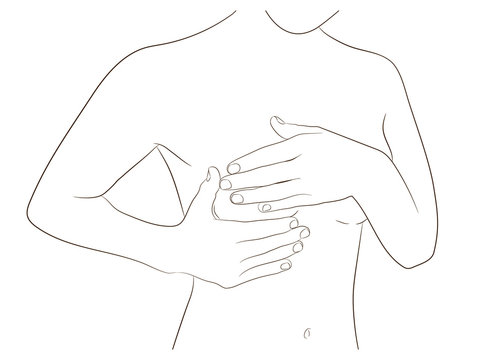 Woman performing monthly breast check, self exam, hands over breasts. Female  chest, part of torso. Breast tumor, cancer problem illustration. Realistic  style vector. 6966624 Vector Art at Vecteezy