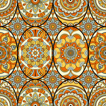 Seamless pattern tile with mandalas. Vintage decorative elements. Hand drawn background. Islam, Arabic, Indian, ottoman motifs. Perfect for printing on fabric or paper.