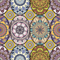 Seamless pattern tile with mandalas. Vintage decorative elements. Hand drawn background. Islam, Arabic, Indian, ottoman motifs. Perfect for printing on fabric or paper.