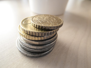 Euro coins in a pile, side view