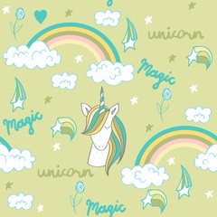 Magic cute unicorn. Vector hand drawn seamless pattern