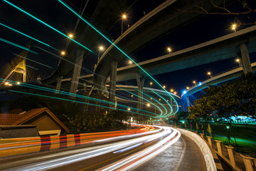 Fototapeta na wymiar Light trail under Bhumibol Bridge, Bangkok