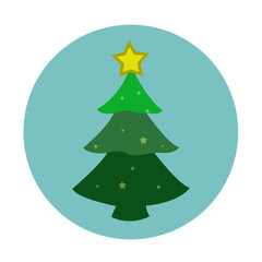 Christmas tree with yellow star icon circle on blue background.