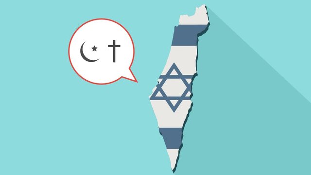 Animation of a long shadow Israel map with its flag and a comic balloon with christianity and islam religions symbols