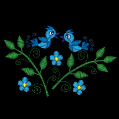 Blue bird on the brunch with flower embroidery stitches imitation