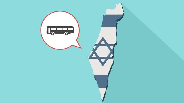 Animation of a long shadow Israel map with its flag and a comic balloon with a bus icon