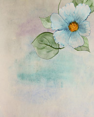 Scenic watercolor background with a blue flower and leaves. Handmade. Watercolor painting. Country style.