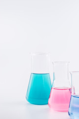 science and clinic background. Chemical and Medical laboratory research.  laboratory beakers with colorful liquids and reagents.  