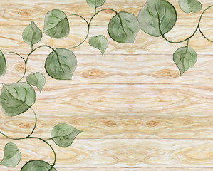 Scenic watercolor background with leaves on a wooden background. Handmade. Watercolor painting. Country style.