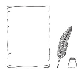 vintage paper notebook and  feather pen hand drawn vector line art illustration